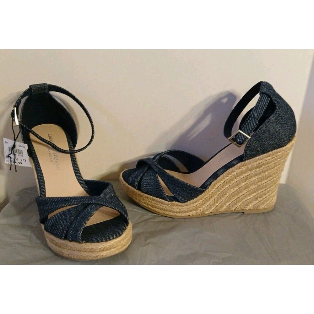 CHRISTIAN SIRIANO blue Denim Ankle Strap Espadrille Platform Wedge Heels 6.5 New - Picture 2 of 16